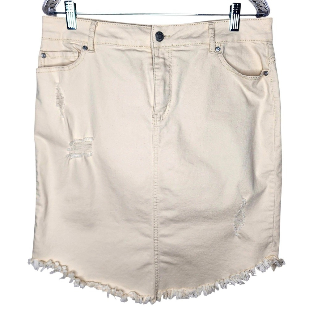C Est. 1946 Raw Hem Distressed Cream Denim Skirt Womens 12 Frayed Raw Hem Mini